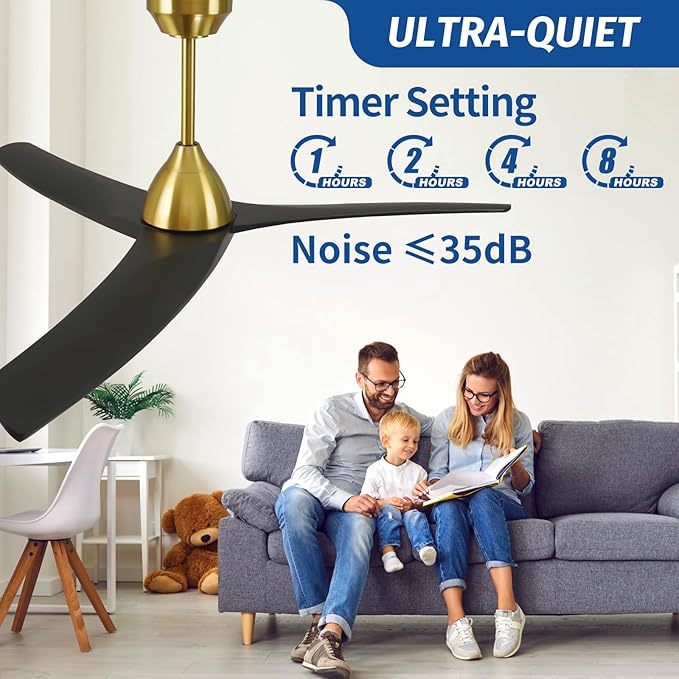 54 Inch Modern Ceiling Fan No Lights,Wood Ceiling Fan without Light,6-Speed,Reversible DC Motor,Timer,Outdoor with Remote for Bedroom Living Room Patios,Black and Gold