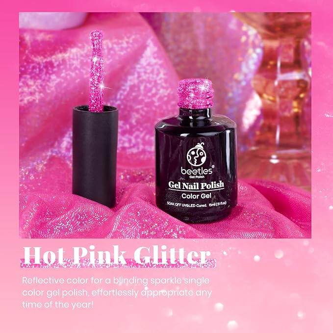 Beetles Glitter Gel Nail Polish - 15ML Hot Pink Reflective Diamond Color Soak Off Sparkle Gel UV Nail Lamp Nail Art Manicure Salon DIY at Home Gifts for Women