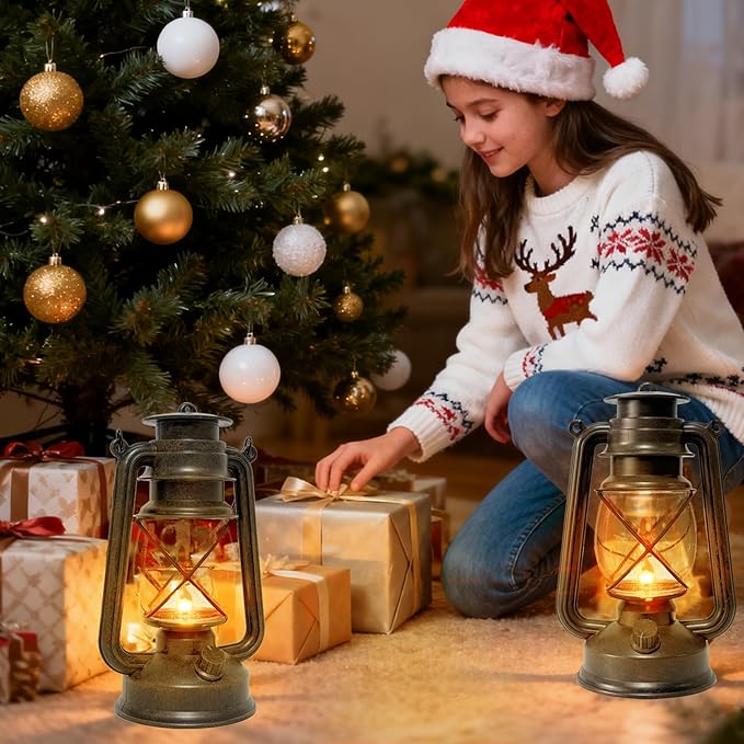 2 Pack LED Vintage Lantern Battery Powered Lanterns with Flame Wick Waterproof Camping Lamp Vintage LED Flame Lamp Hanging Lantern Lights Landscape Patio Garden Pathway Decor for Indoor/Outdoor Use