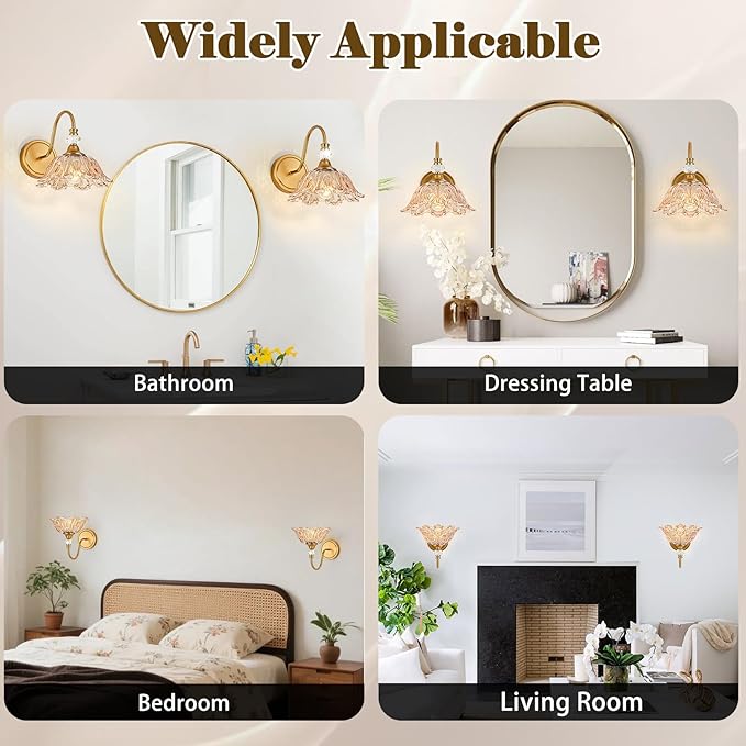 1 Piece Vintage Wall Sconce with Floral Amber Glass Shade, Matte Brass Finish Wall Sconce for Bathroom,Vintage Bathroom Vanity Light Fixture
