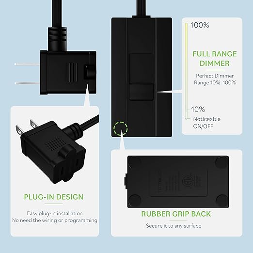 TOPGREENER Table-Top Plug in Dimmer for Table or Floor Lamps, Slide Control, Works with 360 Watt Incandescent and 150 Watt Dimmable CFL/LED, Off at Lowest dim, 6ft Cord, TGTTDL300-BK, Black, 2 Pack