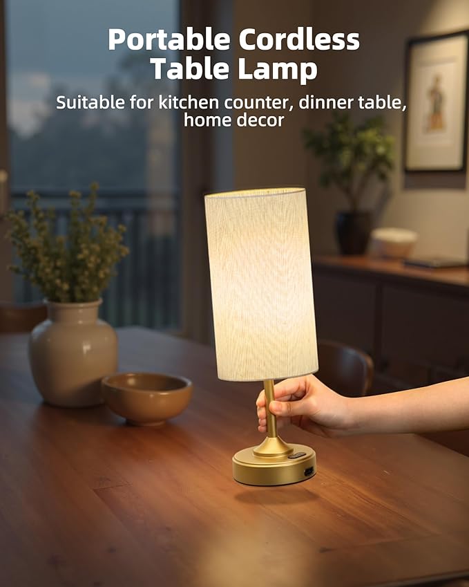 Battery Lamp, Dimmable, Ambient Light, 2700K, Timer, Touch Control, Portable, LED, Battery Operated, Rechargeable, Wireless, Cordless, Desk Lamp, Kitchen Lamp, Fabric Shade, for Bedroom, Living Room