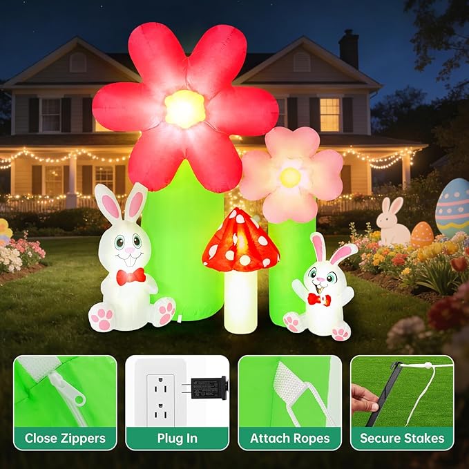 6FT Easter Inflatable Outdoor Decorations, Lighted Bunny Blow Up Yard Decoration with Built-in LED Lights, Spring Flower Mushroom Inflatable Outdoor for Lawn Garden Easter Decor (Spring Inflatable)