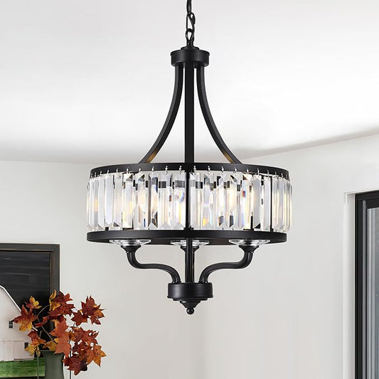 15.75 " Modern Black Crystal Chandelier,3-Light Farmhouse Dining Room Light Fixture Over Table Adjustable Height Hanging Industrial Pendant Lights Kitchen Island,Living Room Kitchen Island Entryway