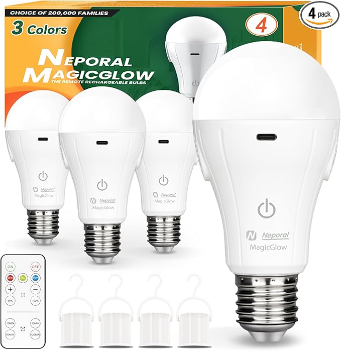Neporal MagicGlow Rechargeable Light Bulbs with Remote, 3 Colors Shift + Stepless Dimmable Battery Powered LED Bulbs, USB Rechargeable, A19 Emergency LED Light Bulbs, 15W, Up to 24 Hours