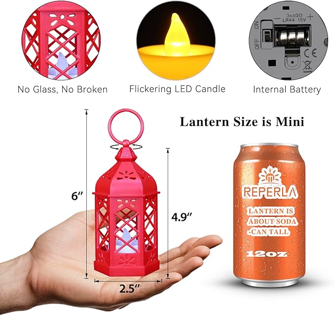 8-Pack Mini Lanterns for Ramadan, Christmas, Small Decorative Lanterns with Flickering LED Candle for Enchanted Forest Wedding, Moroccan Lantern for Table Centerpiece, Medieval Decor, Red