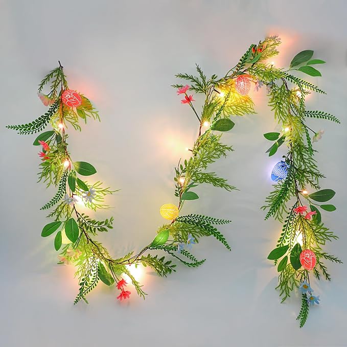 CCINEE 6 FT Lighted Easter Garland, 20 LED Lights Artificial Garlands with Easter Colored Egg and Pink Flowers Faux Branches for Easter Spring Holiday Parties Mantle Fireplace Indoor Home Decoration