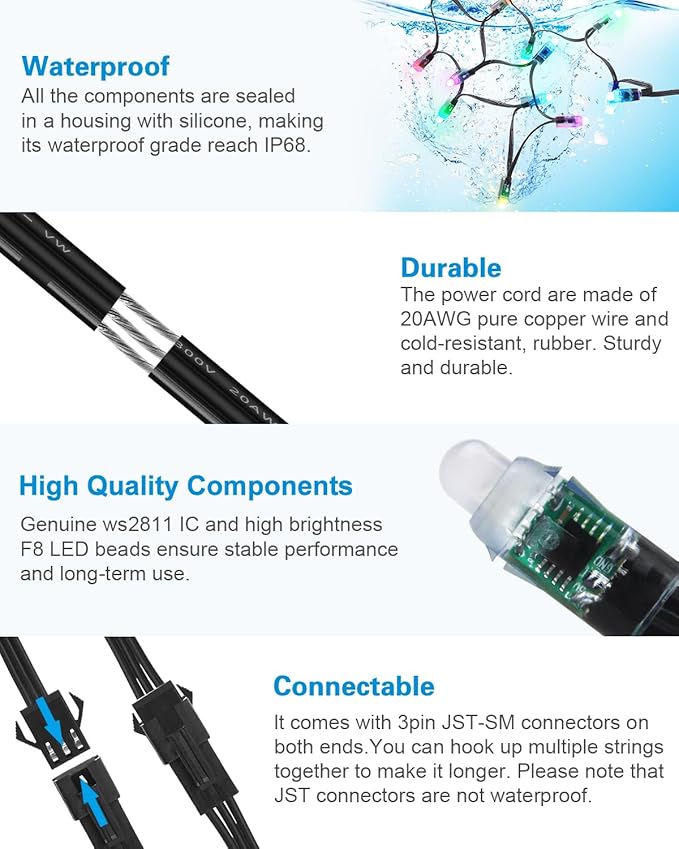 ALITOVE 50pcs DC 12V WS2811 LED Pixel 12mm Round Diffused RGB Addressable Dream Color Round LED Bullet Pixels Module IP68 Waterproof for Billboard House Halloween Christmas Decor