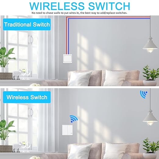 NineLeaf Wireless Lights Switch 2 Gang 1 Way, Smart Light Switch, Wireless Panel LED Light House Lighting IP66 Waterproof No Wiring Required, Easy to Install (Only 1 Two-Gang Switch)