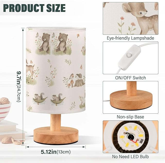 Bedside Table Lamp Woodland Animals Nightstand Lamp with Wood Forest Fox Deer Rabbit Bird Bear Mushroom Desk Lamps for Bedroom Living Room Nursery Office Home Decor