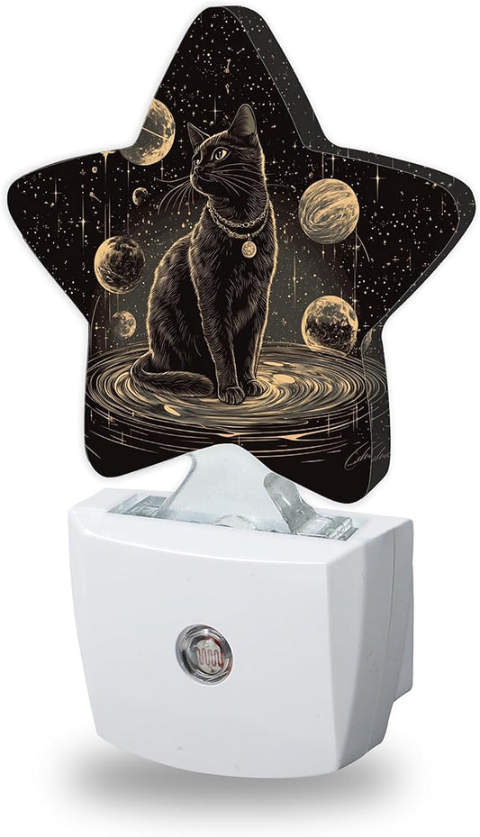 Black Cat Night Lights Plug Into Wall Decorative,Astrology Planet Sleep Friendly Lamp, Energy Efficient Dusk-to-Dawn Sensor Nightlights for Kid Bedroom Nursery Bathroom
