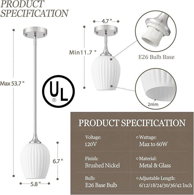Brushed Nickel Pendant Lights Kitchen Island 2 Pack, 5.8" Modern Milk Glass Pendant Light Fixtures with Rods, Mini Hanging Lighting for Kitchen Island Sink Bathroom Dining Room, E26 Base
