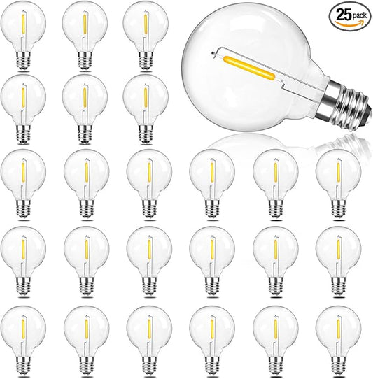 G40 LED Replacement Light Bulbs, 1W E12 Base Shatterproof Clear Globe Light Bulbs for Indoor Outdoor String Lights, Patio Porch Garden Decor, Warm White, 25 Pack