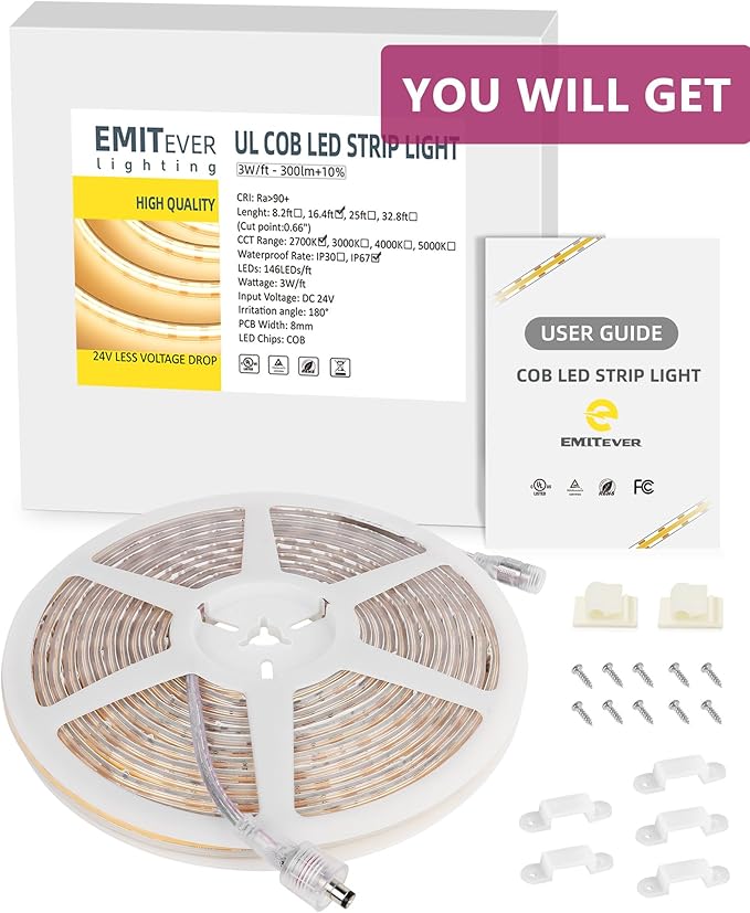 EMITEVER COB LED Strip Lights Waterproof IP67, 2700K Warm White Outdoor 24V Dimmable Silicone LED Tape Lighting 16.4ft High Density, 300+LM/ft, 2400LEDs,3W/ft, UL Listed (Power Supply Not Included)