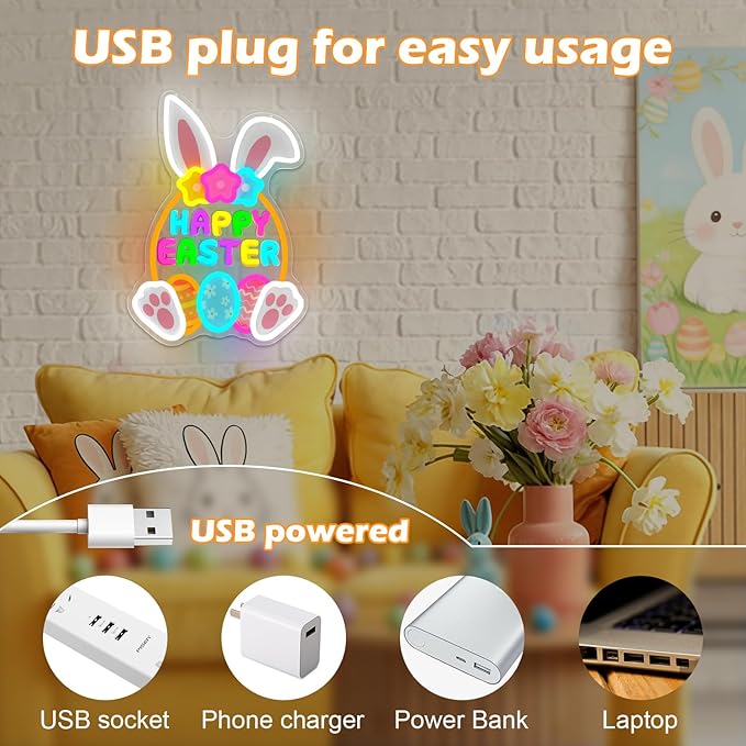 Happy Easter Neon Sign for Wall Bunny Neon Light for Bedroom Door Dimmable Eggs Led Sign Light Up Basket Sign for Shop Home Office Easter Decorations Neon Wall Art Gifts for Family