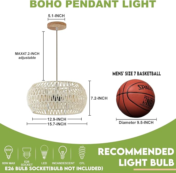 Boho Pendant Light,Dinning Room Light Fixture Rattan Chandelier Cream White Hanging Light Ceiling Mount Hand Woven Lamp Shade Bohemian Drum Chandelier Basket Light for Bedroom Kitchen Island Hallway