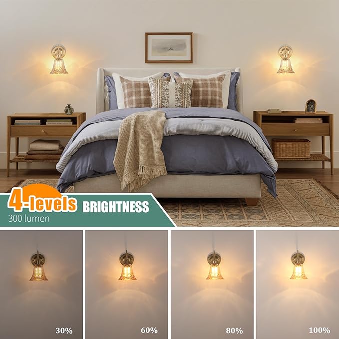Battery Operated Wall Sconce Set of 2, Vintage Rechargeable Wall Lights with Amber Morning Glory Glass Shade, Wireless Indoor Wall Lamp with Remote for Bedroom Living Room Bathroom