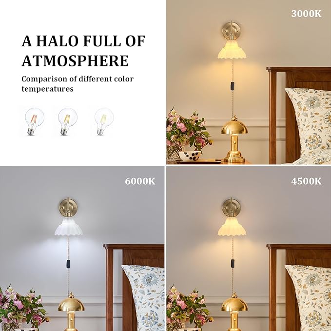 Plug in Wall Sconce Set of 2, Gold Vintage Wall Decor Lights with White Lily Glass Shade, Indoor Brass Corded Wall Lamp Fixture for Bedroom Living Room Bathroom Hallway