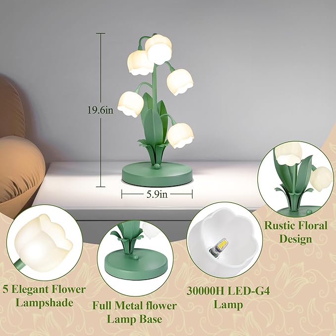 Lily of The Valley Lamp, Green Flower Lamp for Home, 3 Color Adjustable Cute Bedside Night Light for Bedroom Dorm Living Room Office Home Decor (Green)