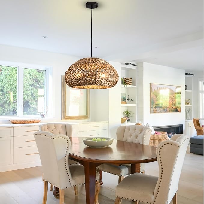 18.89" Large Rattan Pendant Light Fixture, Boho Ceiling Hanging 3-Light Hand-Woven Wicker Chandelier, Suitable for Kitchen Islands, Dining Rooms, and Farmhouses.