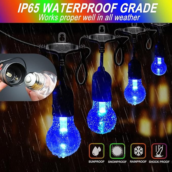 Auroraworld 144FT RGB Outdoor String Lights, Dimmable Color Changing Waterproof LED Patio Lights with Remote & E26 Shatterproof Edison Bulbs for Bistro Backyard Garden Party Decor