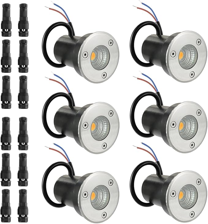 6 Pack Low Voltage Landscape Lights Well Lights 12-24V IP67 Waterproof In Ground Light and Outdoor Landscape Lighting for Garden Yard Driveway Deck Step Up Light with Connectors(Warm White)