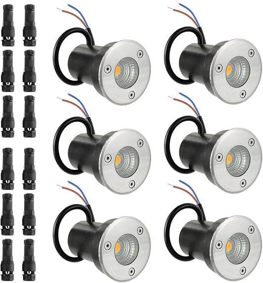 6 Pack Low Voltage Landscape Lights Well Lights 12-24V IP67 Waterproof In Ground Light and Outdoor Landscape Lighting for Garden Yard Driveway Deck Step Up Light with Connectors(Warm White)