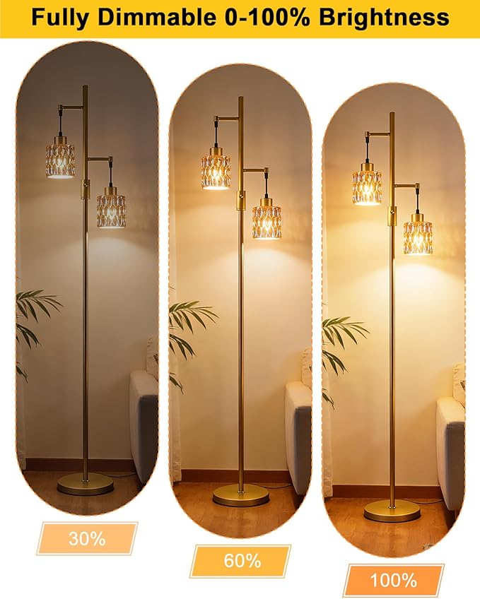 2-Light Gold Floor Lamp, 65IN Tall Standing Lamps Dimmable with Brown Glass Lampshade, 3000K Warmwhite Mid Century Modern Floor Lamp for Living Room/Bedroom