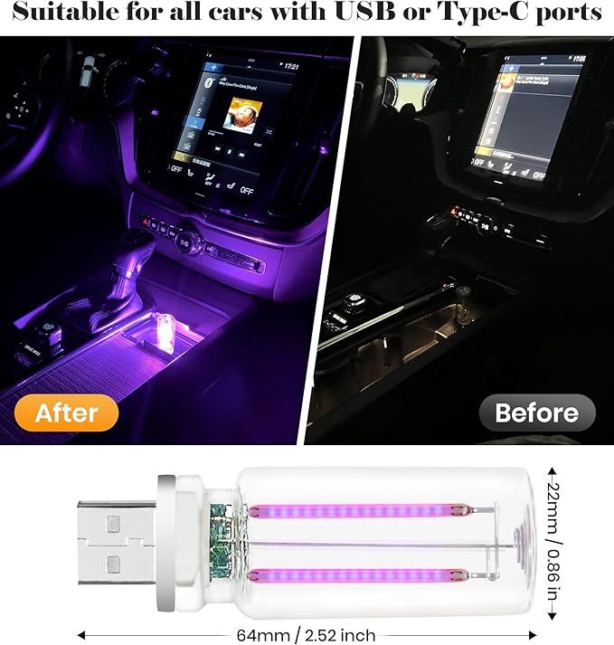 USB Retro Car Lamp, Touch-Control Portable LED Car Ambient Light, USB Powered Night Lights, Suitable for Bedroom, Camping, Holiday Decorations. (Purple Light)