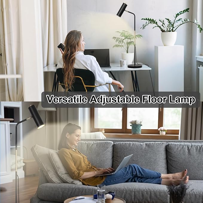Floor Lamp, Industrial Floor Lamps for Living Rooms & Bedrooms - Rustic Farmhouse Reading Lamp Standing, Adjustable Metal Heads Indoor Task Lighting for Living Room Office Home Décor (LED Black)
