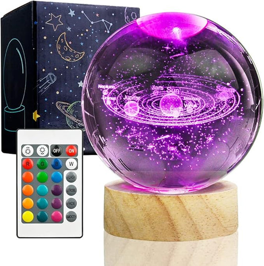 3D Solar System Crystal Ball Night Light with 16 Color LED Wooden Base, Upgraded 3.15 In Galaxy Planets Glass Ball Lamp with Remote Control Cool Astronomy Desk Decor Gifts for Kids Girls Boys Friends