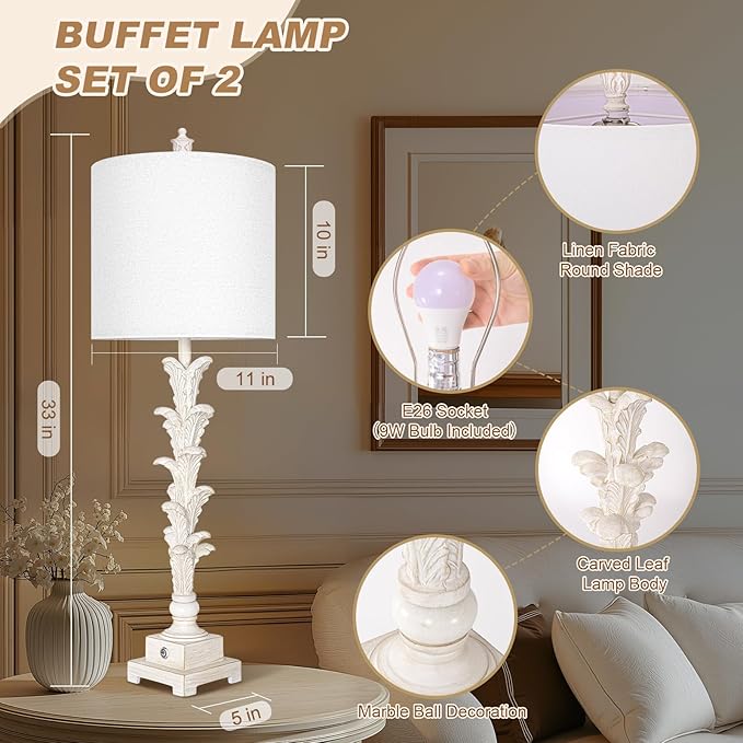 Vintage Table Lamps Set of 2, 3-Way Dimmable Touch Buffet Lamps with 2 USB Ports, 33'' Bedside Nightstand Lamps with Linen Shades, Rustic Farmhouse Table Lamps for Living Room Bedroom, Washed White