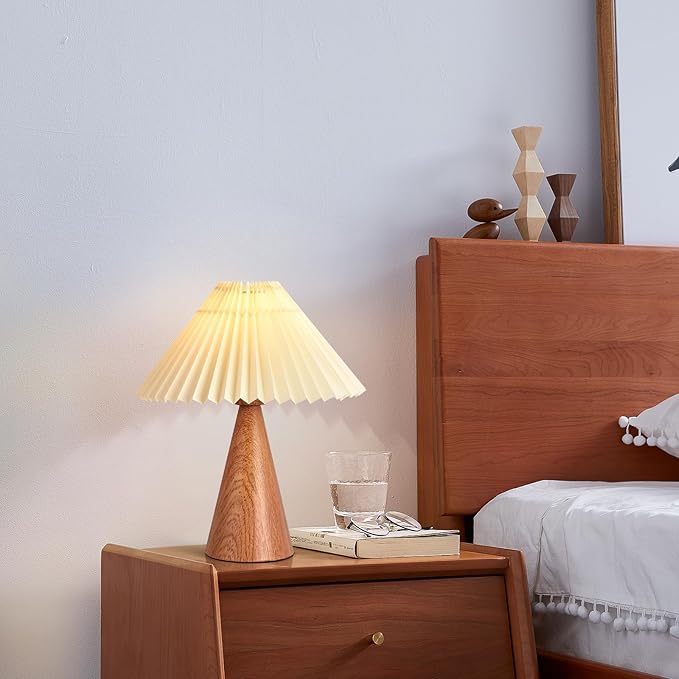 Wood Grain Small Table Lamp, Cute Table Lamp, Pleated Table Lamp, Wooden Bedroom Lamps for Nightstand, Small Scalloped Lamp Shade Table Lamps for Small Spaces for Bedroom,Living Room