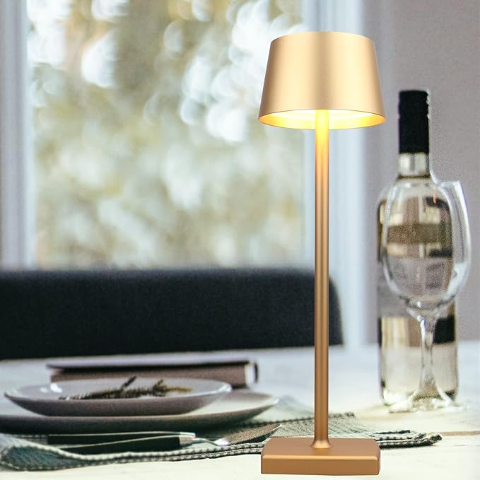 Desk lamp, Rechargeable Table lamp, Cordless, LED, Dimmable, Aluminum, Suitable for Indoor and Outdoor Lighting (Gold)