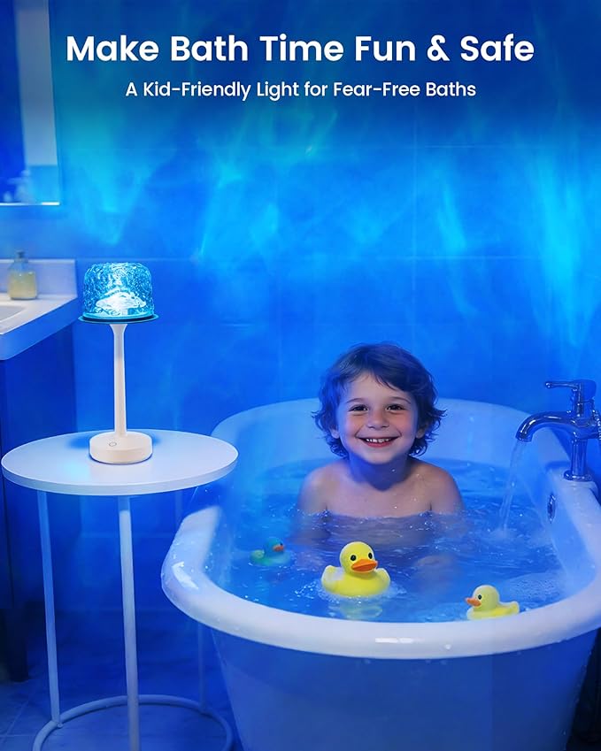 Waterproof Shower Lamp with Ocean Wave Projector for Bathroom, Cordless Rechargeable Bath Light with 16 Color Changing,Table Lamp with Soft 360˚Glow for Bathtub, Night Shower & Relaxing Dating