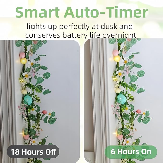 Easter Garland for Mantle - 6FT Faux Eucalyptus Garlands with Daisy, Pink Bloom & Egg, 20 LED Lights, Battery Operated Auto Timer, Flexible for Indoor Outdoor Spring Home Decor