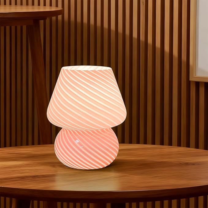 jonong Bedside Lamp Glass Striped Mushroom Table Lamp with 3 Color Modes LED Small Decorative Table Lamp for Gift Present,Suit for Bedroom, Living Room, Home Decor, Baby, Kids, Women (Pink)