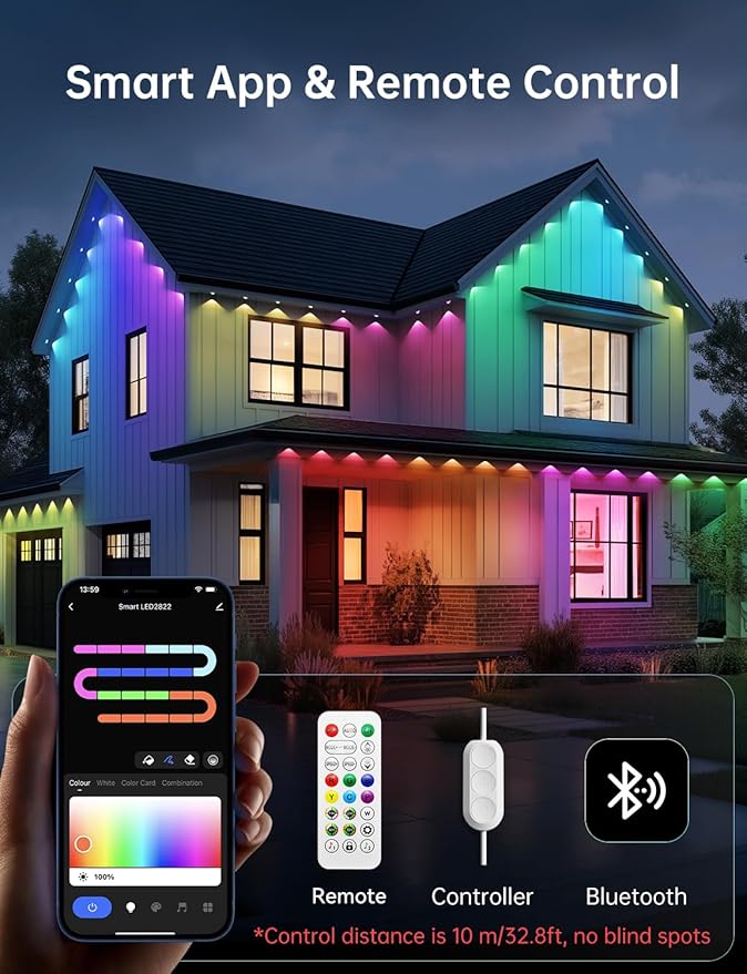 Permanent Outdoor Lights, 150ft with 75 IC+RGB+Warm & Cool White Lights, Smart LED Halloween Christmas House Decor Lights with APP & Remote Control, IP67 Waterproof, DIY Scene