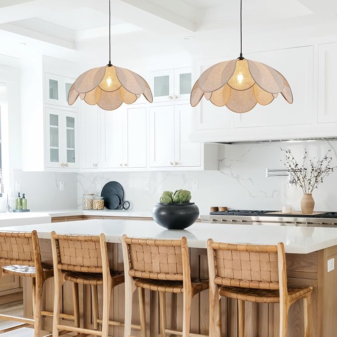 Farmhouse Rattan Chandeliers for Dining Room, 22in Coastal Boho Chandeliers, Wicker Hanging Pendant Lights, Hand Woven Lighting Fixture for Kitchen Island, Living Room, Bedroom
