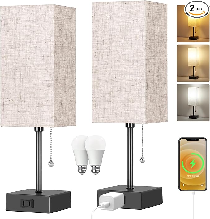 Table Lamp for Bedroom set of 2,3-Color Bedside Lamps with Pull Chain Table Lamps for Nightstand with AC Outlets,Night Light Lamps with 2 Bulbs Lamps for Living Room Kids Office Decor（Black+Cream）