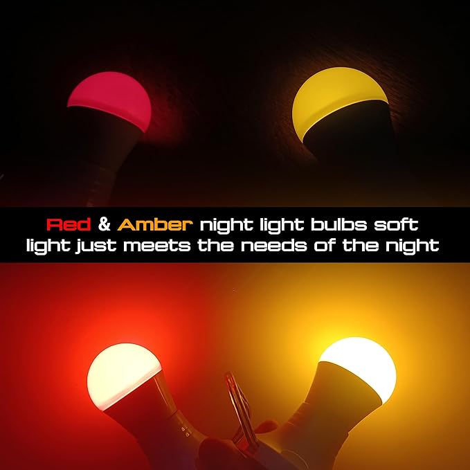 Amber and Red Light Bulbs 25-40W Equivalent, 1800k Amber Sleep Light Bulb, 625nm Red Night Light, 3W 300lm, E26 Base for Bedroom Healthy Sleep Porch Party Holiday Lighting, Non-Dimmable(1 Amber+1 Red)