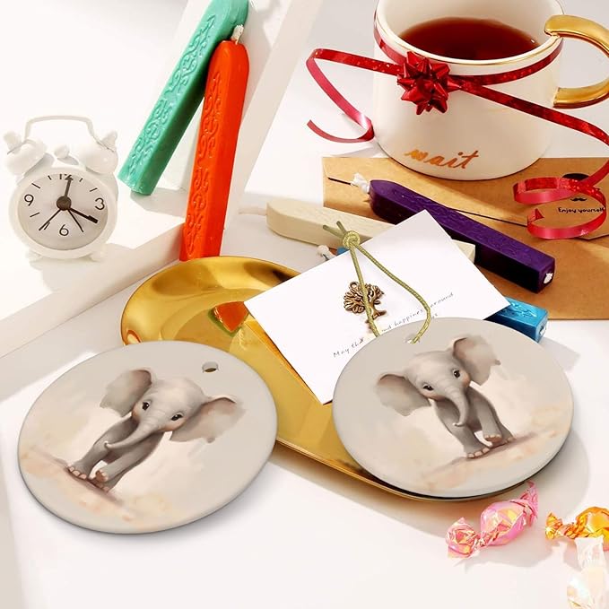 Cute Cartoon Elephant Christmas Ornaments, Christmas Decorations Xmas Tree Hanging Ornaments, Round Ceramic Festive Keepsake Gift for Christmas Decorations Holiday Home Party Decors