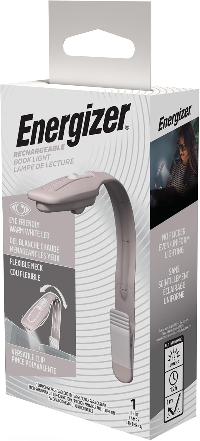 Energizer Flex-R LED Rechargeable Book Light for Reading in Bed, Reading Light with Warm LED Color, Long-Lasting and Lightweight, Tan
