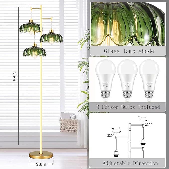 Glass Floor Lamp for Living Room,Bedroom,Gold Mid Century Modern Standing Lamp Brass Tree 3 Light Tall Floor Lamps Vintage Retro Floor Lights Green Flower Lamp Shade Farmhouse Boho Bohemian