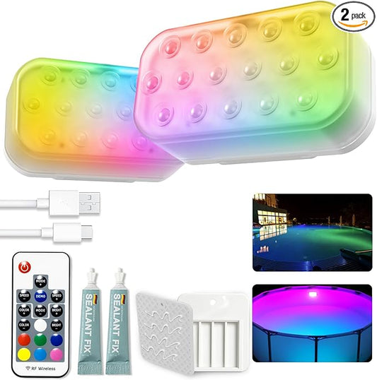Pool Lights, Upgraded Rechargeable Submersible LED Lights with 16 High-Brightness LEDs, IP68 Waterproof 20 Colors Hot Tub Underwater Pool Light for In-Ground & Above-Ground Pool 2 Pack