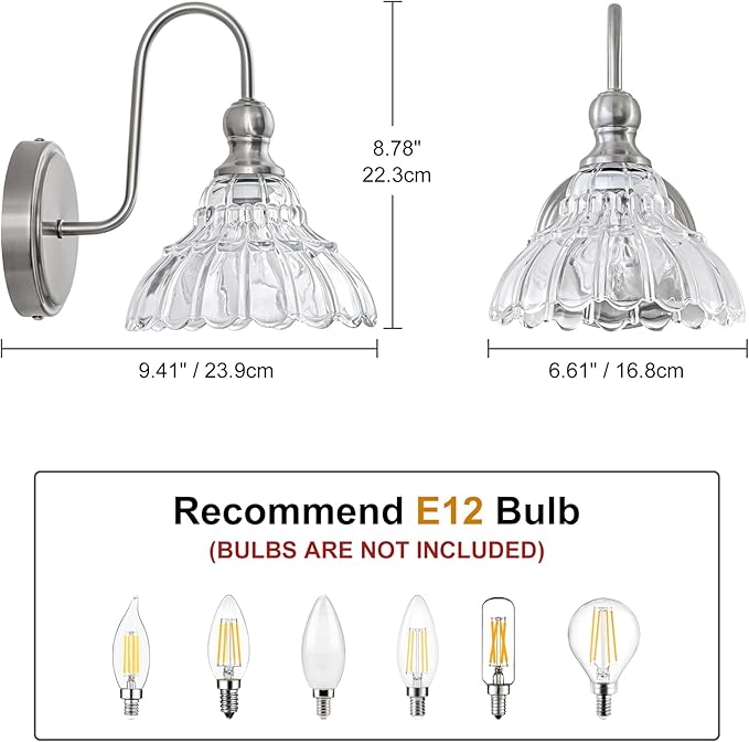 Vintage Bathroom Light Fixtures Over Mirror, 1-Light Brushed Nickel Wall Sconce Lighting with Flower Glass Shade, Farmhouse Vanity Lights for Bedroom Kitchen Living Room Hallway Light