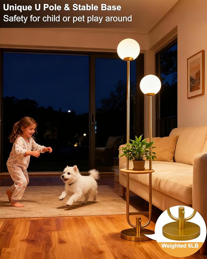 Lightdot 63IN Gold Floor Lamp with Table, 2 Globe Mid Century Standing Lamps with Warm White LED Bulbs, Unique U-Pole Vintage Tall Floor Lamp for Living Room/Wedding/Party/Sofa Beside/Corner Decor