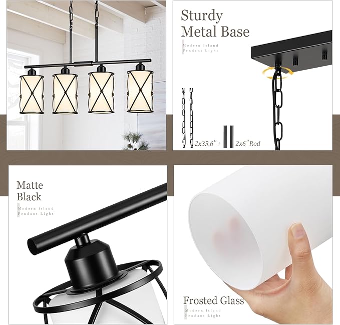 4-Light Kitchen Island Lighting, Modern Black Linear Dining Room Light Fixtures with Milk Glass, Farmhouse Industrial Chandelier Pendant Light for Kitchen Island Dining ROM, CH9176BKW-4IS