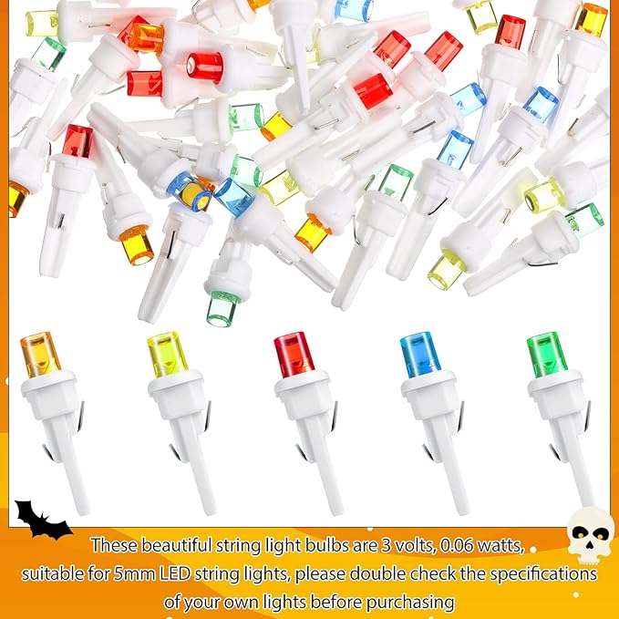 Honoson 48 Count 5 mm LED Halloween Replacement Bulbs Bulk Wide Angle Christmas Light Xmas Tree String Replacement Festival Light Decoration (White Base with Multicolor Bulb)