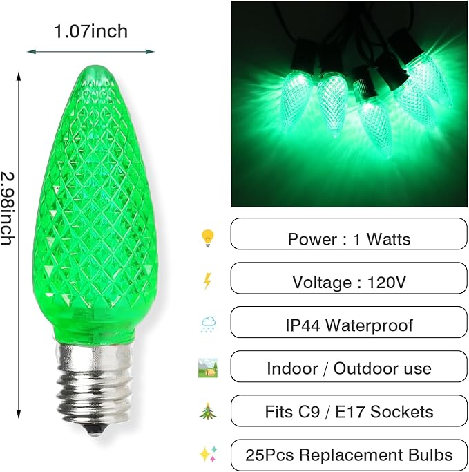 50PCS C9 Led Christmas Light Bulbs - C9 Led Bulbs with E17 Base Sockets Replacement Bulbs for Outdoor String Lights - Commercial Grade Green